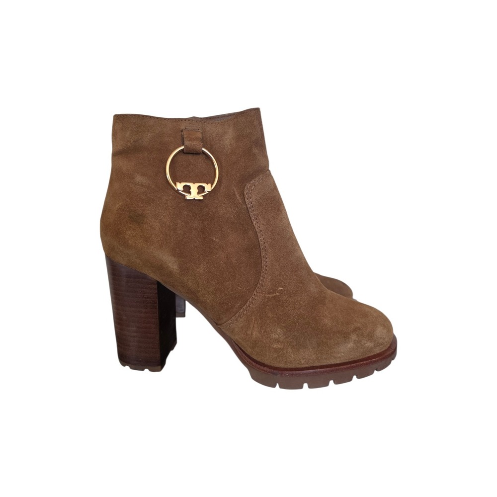 Tory Burch Sofia Lug Sole Boho Chic Brown Golden Logo Heels Booties sz‎ 8.5